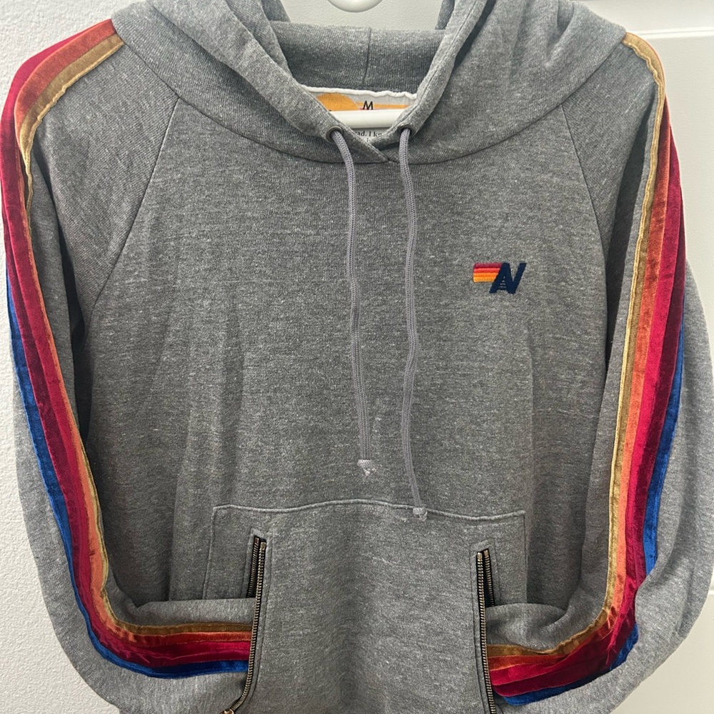 Aviator Nation Grey Hoodie with Multicolor Stripes Medium